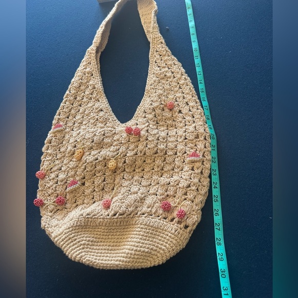 Handcrafted Beige Crochet Bag w/ beaded fruits! Each is unique, neutral coloring - Picture 5 of 13